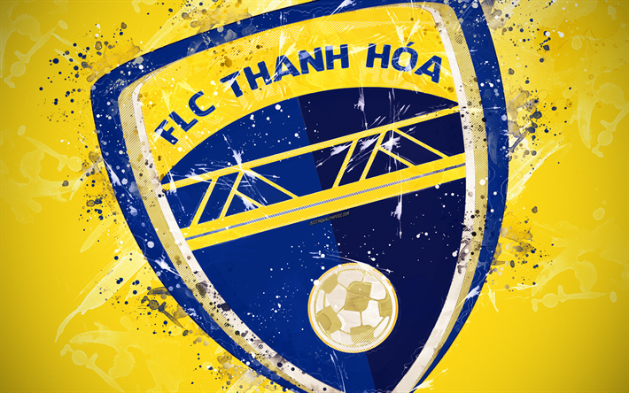 FLC Thanh Hoa FC, 4k, peinture d&#39;art, le logo, les cr&#233;atifs, les Vietnamiens de l&#39;&#233;quipe de football, V de la Ligue 1, l&#39;embl&#232;me, le fond jaune, style grunge, Thanh Hoa, Vietnam, football