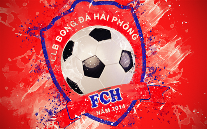 Hai Phong FC, 4k, peinture d&#39;art, le logo, les cr&#233;atifs, les Vietnamiens de l&#39;&#233;quipe de football, V de la Ligue 1, l&#39;embl&#232;me, le fond rouge, style grunge, Haiphong, Vietnam, football