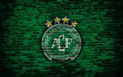 FC Chapecoense, 4k, emblem, Brazilian Seria A, grunge, soocer, Brazil, Chapecoense, football club, brick texture, Chapecoense FC