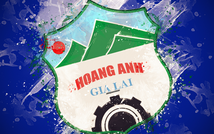 Hoang Anh Gia Lai FC, 4k, a arte de pintura, logo, criativo, Vietnamita time de futebol, V League 1, emblema, fundo azul, o estilo grunge, Pleiku, Vietname, futebol