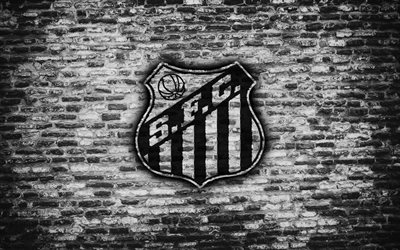 FC Santos, 4k, emblem, Brazilian Seria A, grunge, soocer, Brazil, Santos, football club, brick texture, Santos FC
