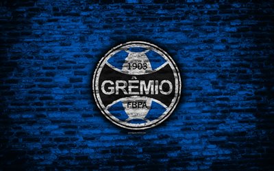 FC Gremio, 4k, emblem, Brazilian Seria A, grunge, soocer, Brazil, Gremio, football club, brick texture, Gremio FC