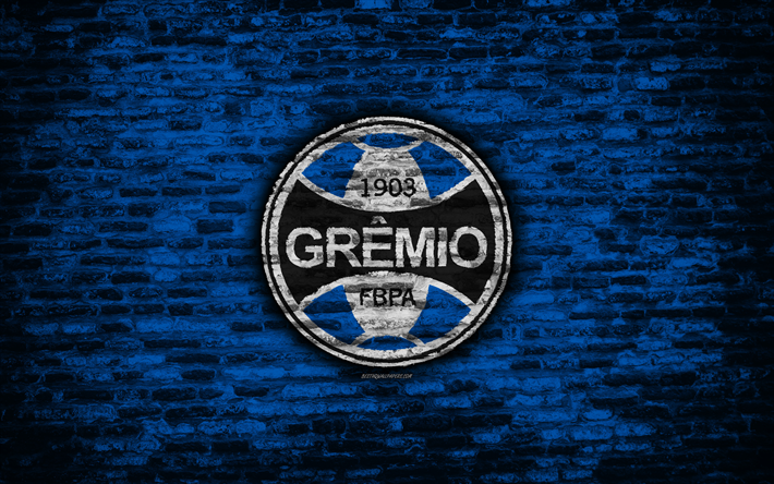 FC Gremio, 4k, amblem, Brezilya Seria, grunge, soocer, Brezilya, Gremio, Futbol Kul&#252;b&#252;, Bir tuğla doku, Gremio FC