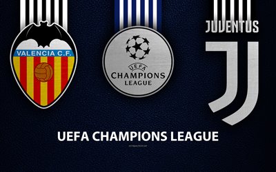 Valencia CF vs Juventus FC, 4k, leather texture, logos, promo, UEFA Champions League, Group H, football game, football club logos, Europe