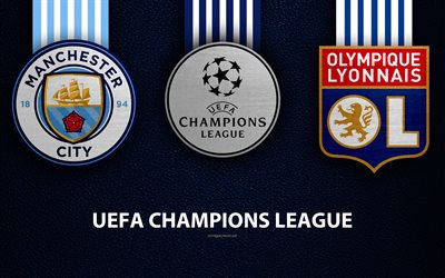Manchester City FC vs Olympique Lyon FC, 4k, leather texture, logos, promo, UEFA Champions League, Group F, football game, football club logos, Europe