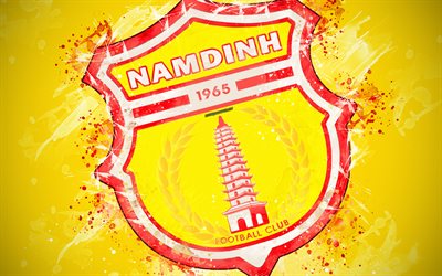 Nam Dinh FC, 4k, paint art, logo, creative, Vietnamese football team, V League 1, emblem, yellow background, grunge style, Namdin, Vietnam, football
