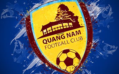 Quang Nam FC, 4k, paint art, logo, creative, Vietnamese football team, V League 1, emblem, blue background, grunge style, Quan Nam, Vietnam, football