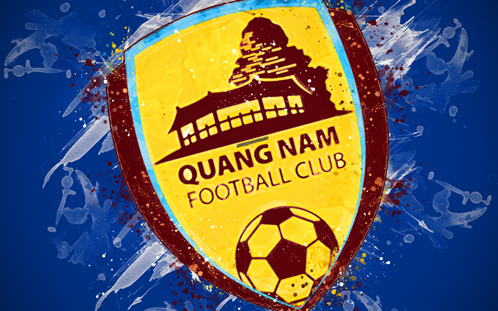 Quang Nam FC, 4k, boya, sanat, logo, yaratıcı, Vietnam futbol takımı, 1 V Ligi, amblemi, mavi arka plan, grunge tarzı, Quan Nam, Vietnam, futbol