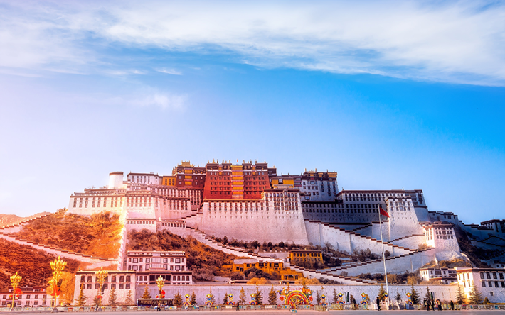 قصر بوتالا, 4k, غروب الشمس, الصينية المعالم, التبت, الصين, آسيا
