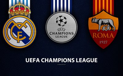 Real Madrid vs AS Roma, 4k, leather texture, logos, promo, UEFA Champions League, Group G, football game, football club logos, Europe