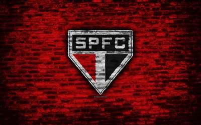 FC Sao Paulo, 4k, emblem, Brazilian Seria A, grunge, soocer, Brazil, Sao Paulo, football club, brick texture, Sao Paulo FC