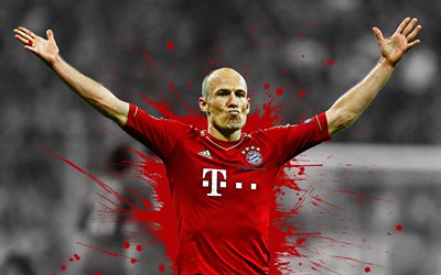 Arjen Robben, 4k, Bayern Munich FC, art, Dutch footballer, splashes of paint, grunge art, creative art, Bundesliga, Germany, football