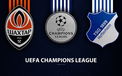 Shakhtar Donetsk FC vs TSG 1899 Hoffenheim, 4k, leather texture, logos, promo, UEFA Champions League, Group F, football game, football club logos, Europe
