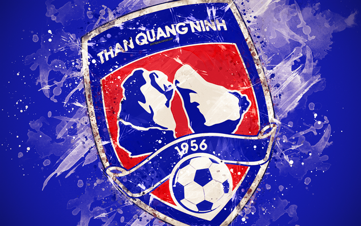 De Quang Ninh FC, 4k, a arte de pintura, logo, criativo, Vietnamita time de futebol, V League 1, emblema, fundo azul, o estilo grunge, Quang Ninh, Vietname, futebol