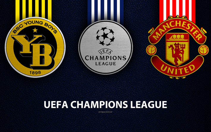 BSC Young Boys vs Manchester United, 4k, leather texture, logos, promo, UEFA Champions League, Group H, football game, football club logos, Europe