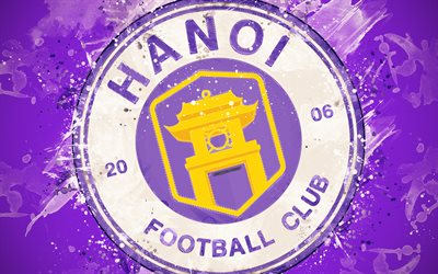 Ha Noi FC, 4k, paint art, logo, creative, Vietnamese football team, V League 1, emblem, purple background, grunge style, Hanoi, Vietnam, football, HaNoi FC