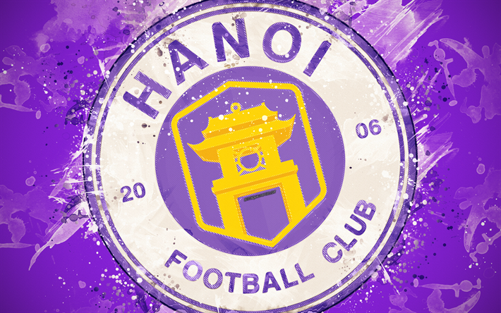 Ha Noi FC, 4k, peinture d&#39;art, le logo, les cr&#233;atifs, les Vietnamiens de l&#39;&#233;quipe de football, V de la Ligue 1, l&#39;embl&#232;me, le fond de couleur violette, style grunge, Hanoi, Vietnam, le football, le FC HaNoi