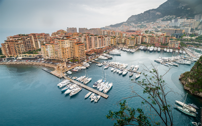 Monte Carlo, Monaco, morning, sunrise, Mediterranean Sea, bay, luxury yacht, mountain landscape