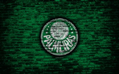 SE Palmeiras, 4k, emblem, Brazilian Seria A, grunge, soocer, Brazil, Palmeiras, football club, brick texture, Palmeiras FC