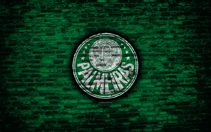 SE Palmeiras, 4k, emblema, Brasileiro S&#233;rie A, grunge, soocer, Brasil, Palmeiras, clube de futebol, textura de tijolos, Palmeiras FC