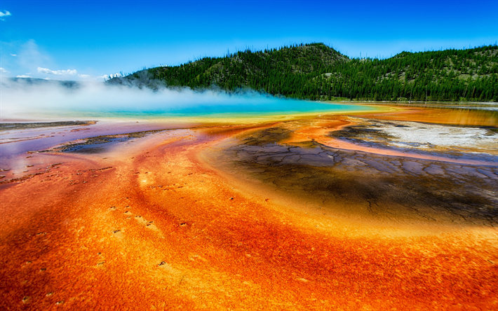 Grand Prismatic Spring, geyser, primavera quente, &#225;gua quente, lago azul, Yellowstone, Wyoming, EUA, O Parque Nacional De Yellowstone