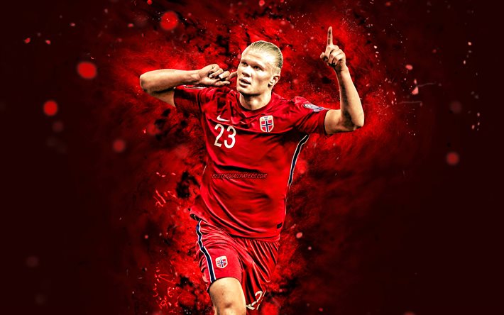 Erling Haaland, 2021, punaiset neonvalot, Norjan maajoukkue, 4k, jalkapallo, jalkapalloilijat, Erling Braut Haaland, Norjan jalkapallomaajoukkue, Erling Haaland 4K