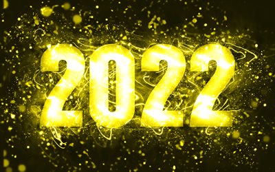 4k, 2022 concetti, Felice Anno Nuovo 2022, luci al neon gialle, 2022 nuovo anno, 2022 su sfondo giallo, 2022 cifre dell&#39;anno, 2022 cifre gialle