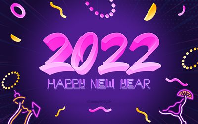Happy New Year 2022, purple 2022 background, 2022 3d art, 2022 Party background, 2022 New Year, 2022 concepts, 2022 Year