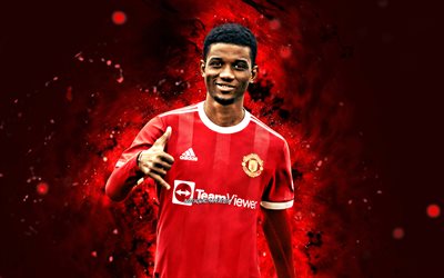 Amad Diallo, 4k, 2021, Manchester United FC, Ivorian footballers, red neon lights, Premier League, soccer, Amad Diallo 4K, football, Man United, Amad Diallo Manchester United