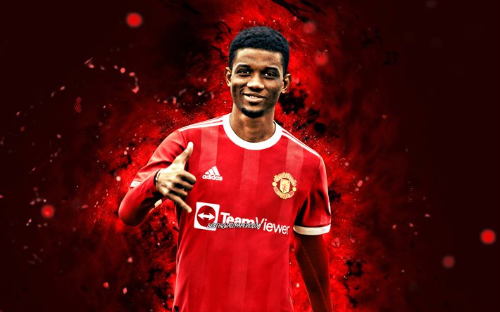 Amad Diallo, 4k, 2021, Manchester United FC, Ivorian footballers, red neon lights, Premier League, soccer, Amad Diallo 4K, football, Man United, Amad Diallo Manchester United