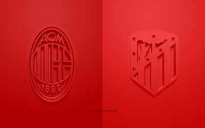 AC Milan vs Atletico Madrid, 2021, UEFA Champions League, Groupe B, logos 3D, fond rouge, Ligue des champions, match de football, Ligue des champions 2021, AC Milan, Atletico Madrid