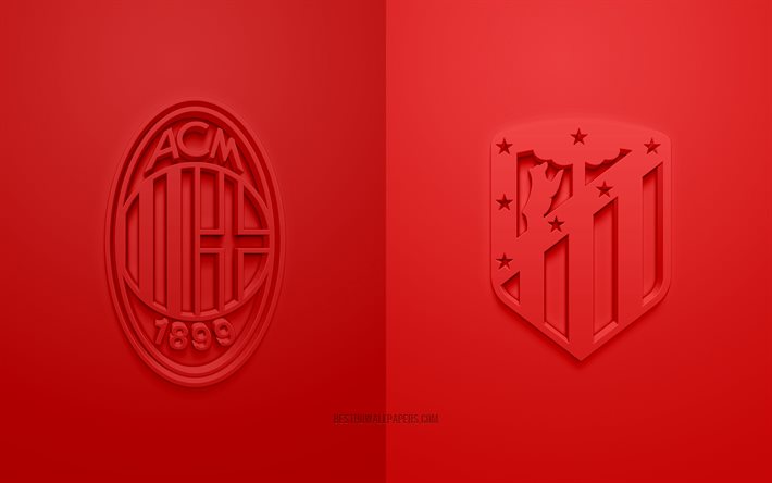 AC Milan vs Atletico Madrid, 2021, UEFA Champions League, Group B, 3D logos, red background, Champions League, football match, 2021 Champions League, AC Milan, Atletico Madrid