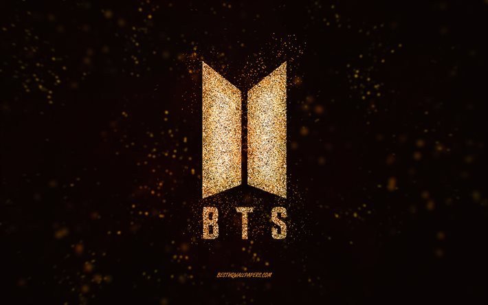 Logotipo de glitter BTS, 4k, fundo preto, logotipo BTS, arte de glitter dourado, BTS, arte criativa, logotipo de glitter dourado BTS