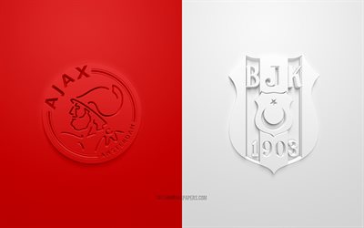 AFC Ajax vs Besiktas, 2021, UEFA Champions League, Grupo С, logotipos 3D, fundo vermelho branco, Liga dos Campe&#245;es, partida de futebol, 2021 Champions League, AFC Ajax, Besiktas
