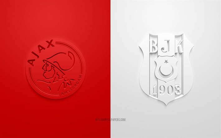 AFC Ajax vs Besiktas, 2021, UEFA Mestarien liiga, Ryhm&#228; С, 3D-logot, punainen valkoinen tausta, Mestarien liiga, jalkapallo-ottelu, 2021 Mestarien liiga, AFC Ajax, Besiktas