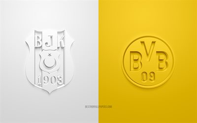 Beşiktaş - Borussia Dortmund, 2021, UEFA Şampiyonlar Ligi, С Grubu, 3D logolar, sarı beyaz arka plan, Şampiyonlar Ligi, futbol maçı, 2021 Şampiyonlar Ligi, Borussia Dortmund, Beşiktaş