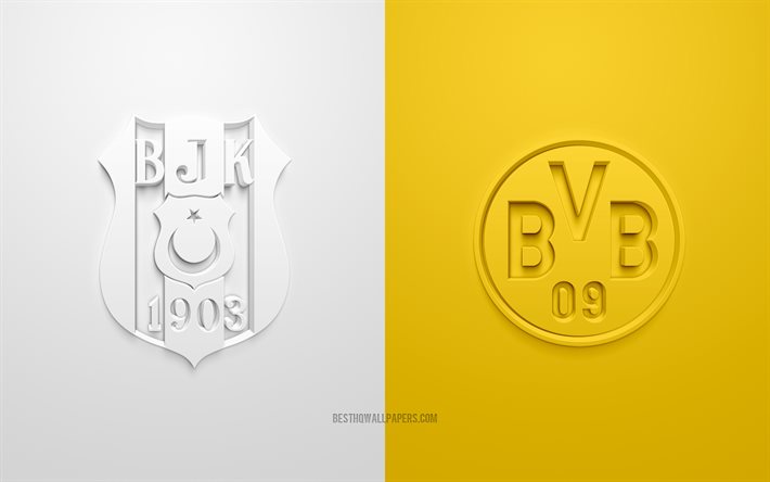 Besiktas vs Borussia Dortmund, 2021, UEFA Champions League, Groupe С, logos 3D, fond jaune blanc, Ligue des champions, match de football, Ligue des champions 2021, Borussia Dortmund, Besiktas