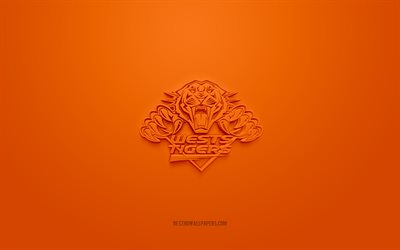 wests tigers, kreatives 3d-logo, orangefarbener hintergrund, national rugby league, 3d-emblem, nrl, australian rugby league, sydney, australien, 3d-kunst, rugby, wests tigers 3d-logo