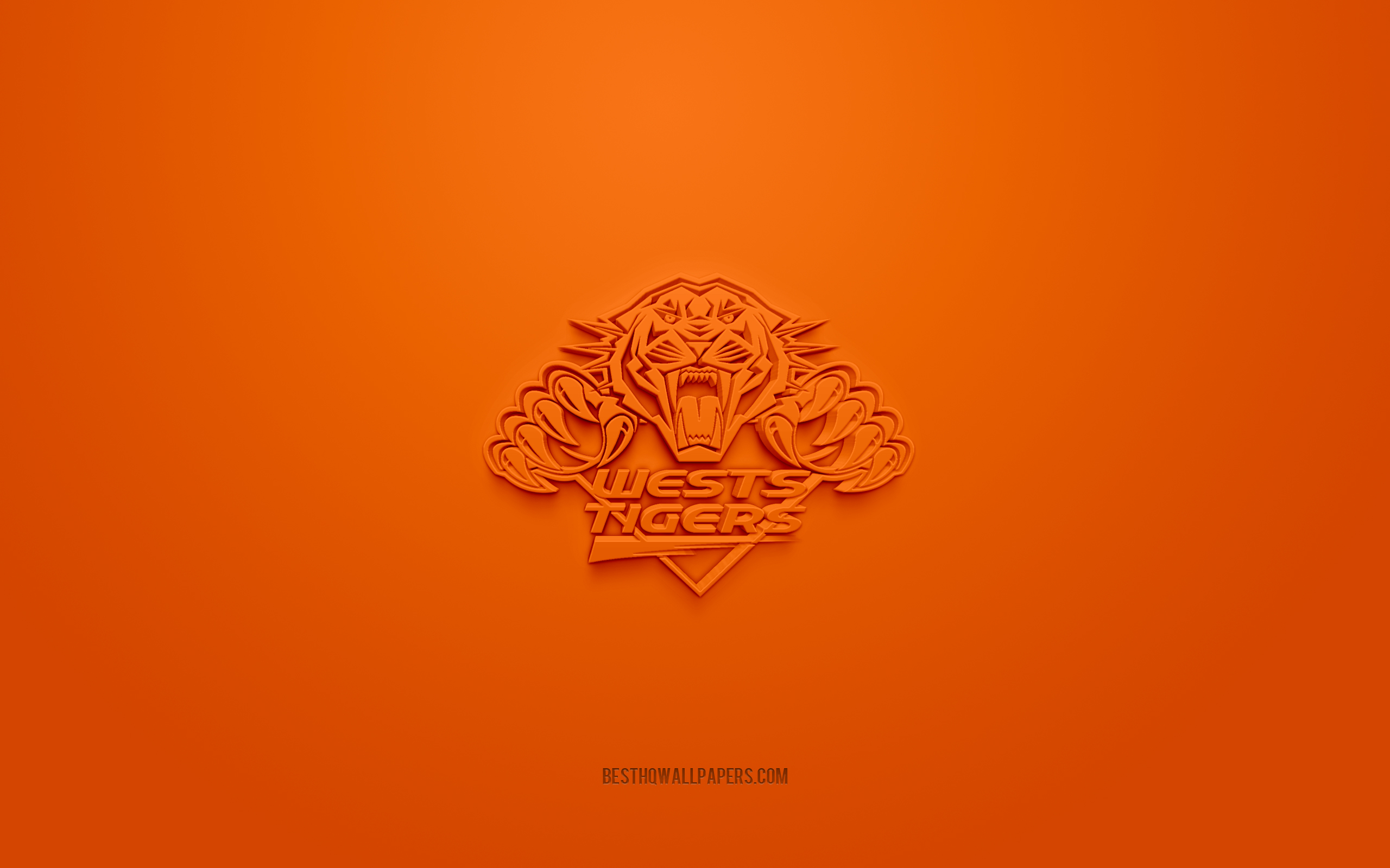 Wests Tigers, yaratıcı 3D logo, turuncu arka plan, Ulusal Rugby Ligi, 3d amblem, NRL, Avustralya ragbi ligi, Sidney, Avustralya, 3d sanat, rugby, Wests Tigers 3d logosu