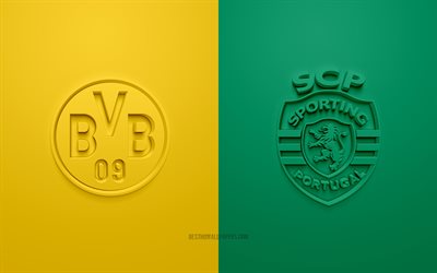 Borussia Dortmund vs Sporting, 2021, UEFA Champions League, Grupo С, logotipos 3D, fundo verde amarelo, Liga dos Campe&#245;es, partida de futebol, 2021 Champions League, Borussia Dortmund, Sporting