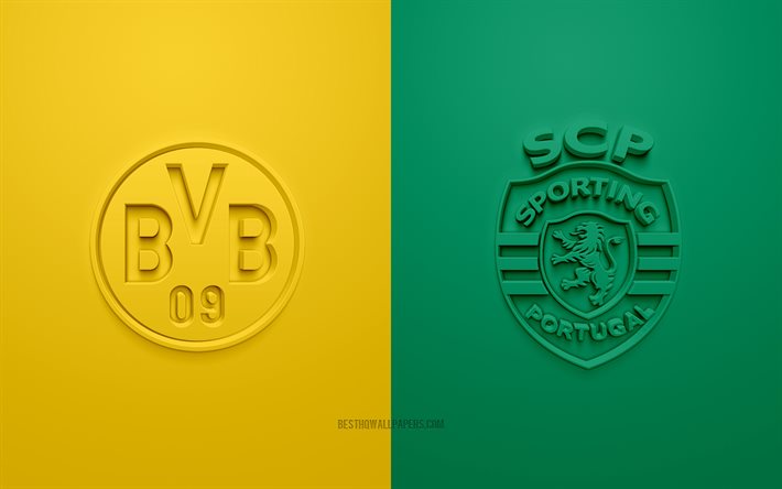 ボルシア・ドルトムント - スポルティング, 2021年, UEFAチャンピオンズリーグ, グループ・ス・ス, 3D ロゴ, 黄色の緑色の背景, チャンピオンズリーグ, サッカーの試合, ボルシア・ドルトムント, スポーツ