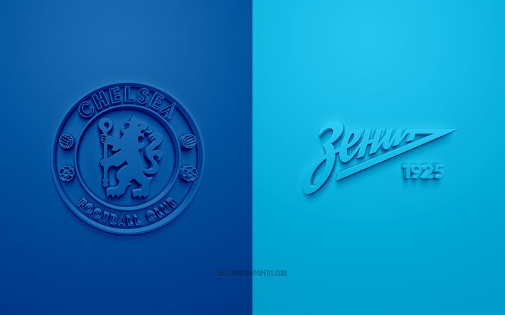 Chelsea FC vs FC Zenit, 2021, UEFA Champions League, Group Н, 3D logos, blue background, Champions League, football match, 2021 Champions League, Chelsea FC, FC Zenit