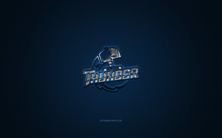 Wichita Thunder, American hockey club, ECHL, blue logo, blue carbon fiber background, East Coast Hockey League, hockey, Kansas, USA, Wichita Thunder logo