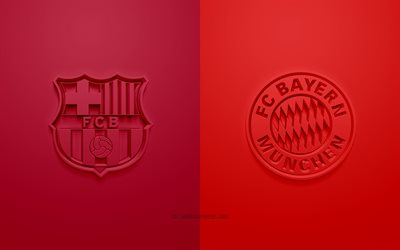 FC Barcelona vs FC Bayern M&#252;nih, 2021, UEFA Şampiyonlar Ligi, E Grubu, 3D logolar, bordo kırmızı arka plan, Şampiyonlar Ligi, futbol ma&#231;ı, Barcelona vs Bayern M&#252;nih, 2021 Şampiyonlar Ligi, FC Barcelona, FC Bayern M&#252;nih