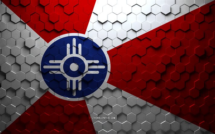 Drapeau de Wichita, Kansas, art en nid d&#39;abeille, drapeau des hexagones de Wichita, Wichita, art des hexagones 3d, drapeau de Wichita