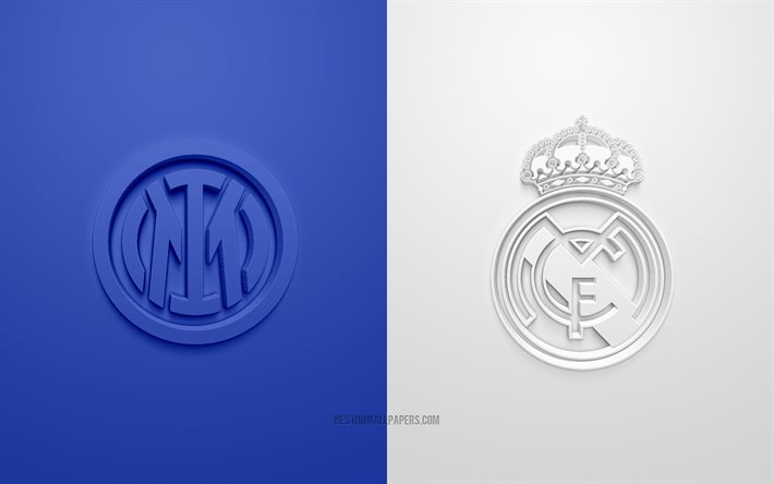 Inter Milan vs Real Madrid, 2021, UEFA Champions League, Group D, 3D logos, blue white background, Champions League, football match, 2021 Champions League, Inter Milan, Real Madrid, Internazionale vs Real Madrid