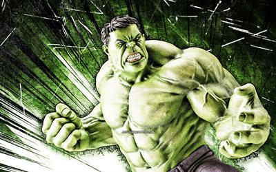 Hulk, arte grunge, super-her&#243;is, Marvel Comics, raios abstratos verdes, Robert Bruce Banner, Hulk 4K, Cartoon Hulk