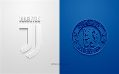 Juventus FC vs Chelsea FC, 2021, UEFA Champions League, Group Н, 3D logos, white blue background, Champions League, football match, 2021 Champions League, Juventus FC, Chelsea FC, Juventus vs Chelsea