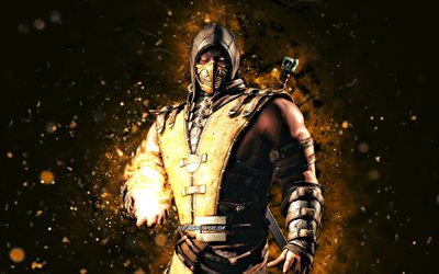 Scorpion, 4k, luzes de n&#233;on marrons, Mortal Kombat Mobile, jogos de luta, MK Mobile, criativo, Mortal Kombat, Scorpion Mortal Kombat
