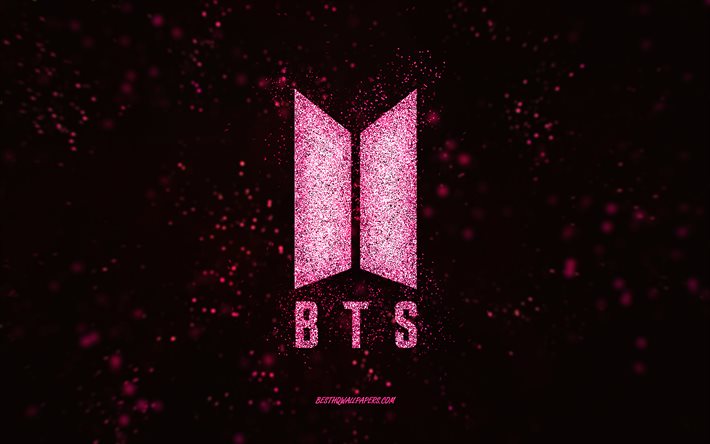 Logo BTS glitter, 4k, sfondo nero, logo BTS, arte glitter viola, BTS, arte creativa, logo BTS glitter viola